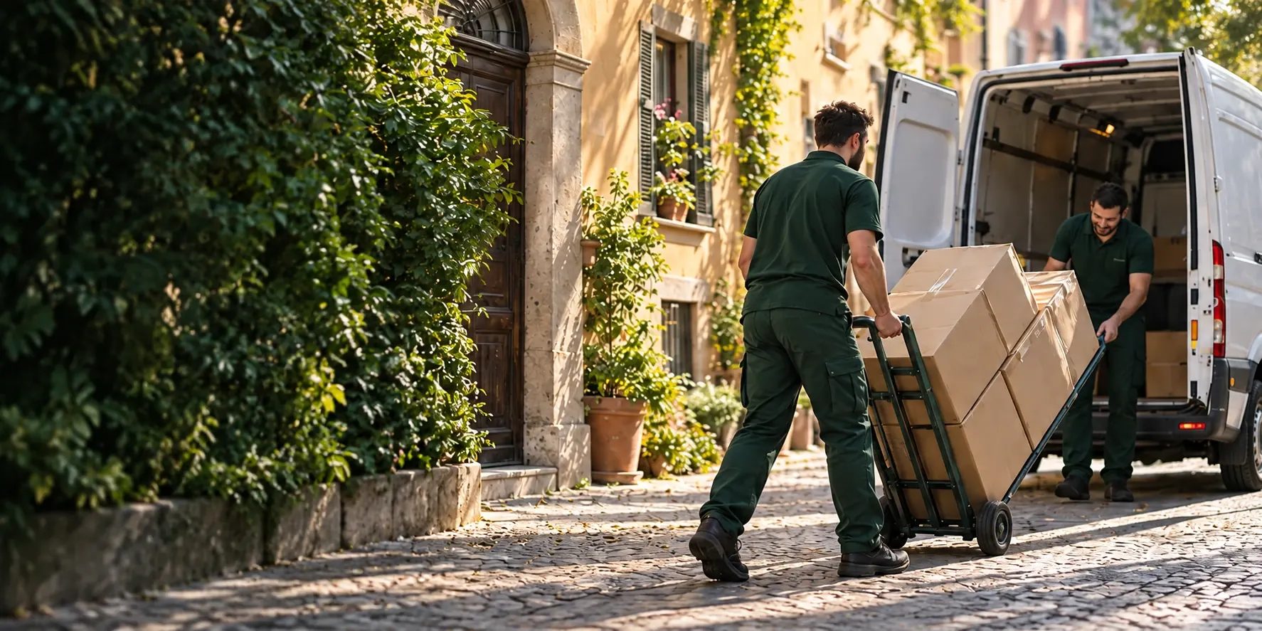 Due addetti in divisa verde caricano scatoloni su un furgone, con un carrello, davanti a un palazzo